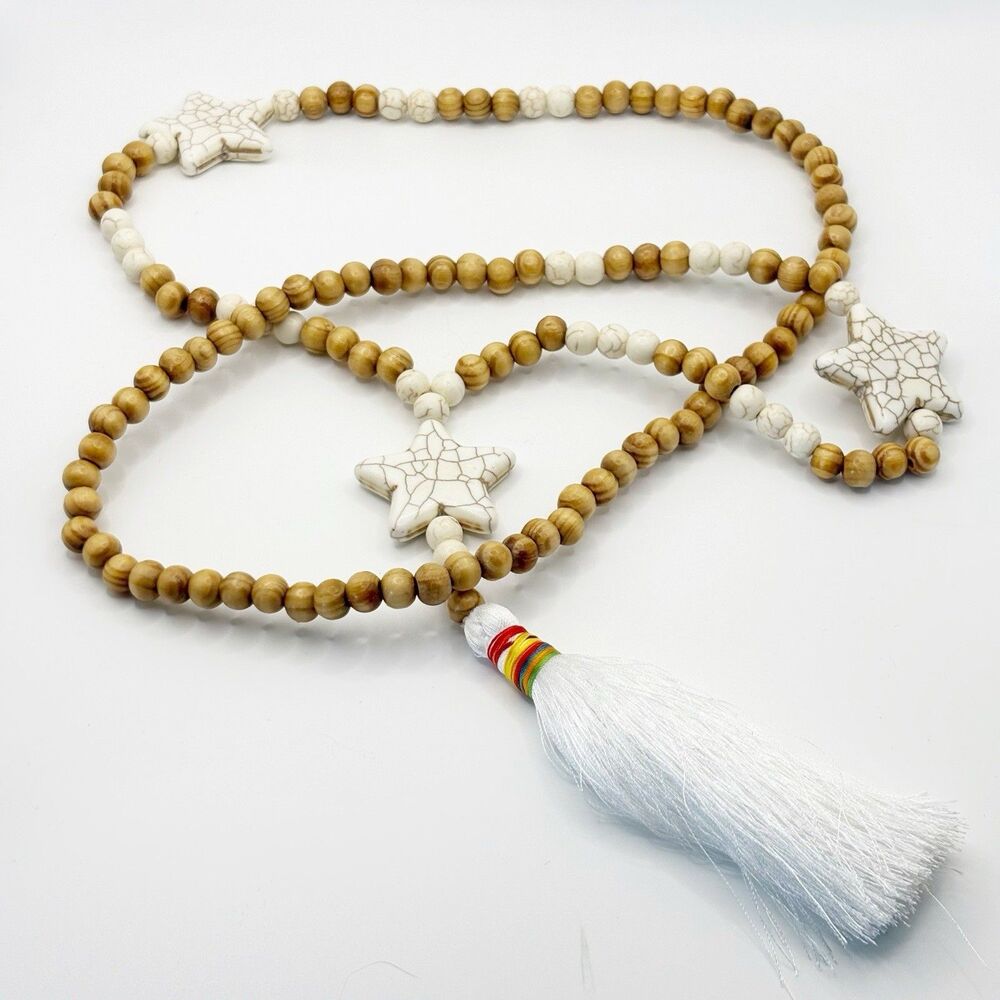 Womens Fashion White Stars Wooden Round Beads Tassel Long Necklace BOHO Western